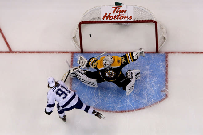 OTTAWA, ON - JANUARY 28: Steven Stamkos #91 of the Tampa Bay Lightning and team Alfredsson scores a goal past goalie Tim Thomas #30 of the Boston Bruins and team Chara during the Tim Hortons NHL Elimination Shoot Out of 2012 Molson Canadian NHL All-Star Skills Competition at Scotiabank Place on January 28, 2012 in Ottawa, Ontario, Canada. (Photo by Christian Petersen/Getty Images)