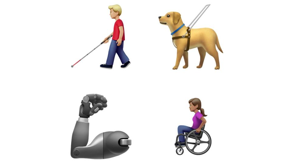 Blindenhund, Prothese, Rollstuhlfahrerin: Die Messenger-Kommunikation soll inklusiver werden, wie etwa die neuen, ab Herbst verfügbaren Apple-Emojis zeigen. Foto: Apple/dpa-tmn