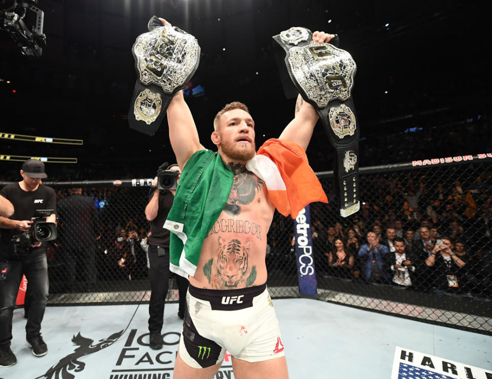 McGregor celebrates after defeating Eddie Alvarez on November 12, 2016 in New York City.<p>Jeff Bottari/Zuffa LLC/Zuffa LLC via Getty Images</p>