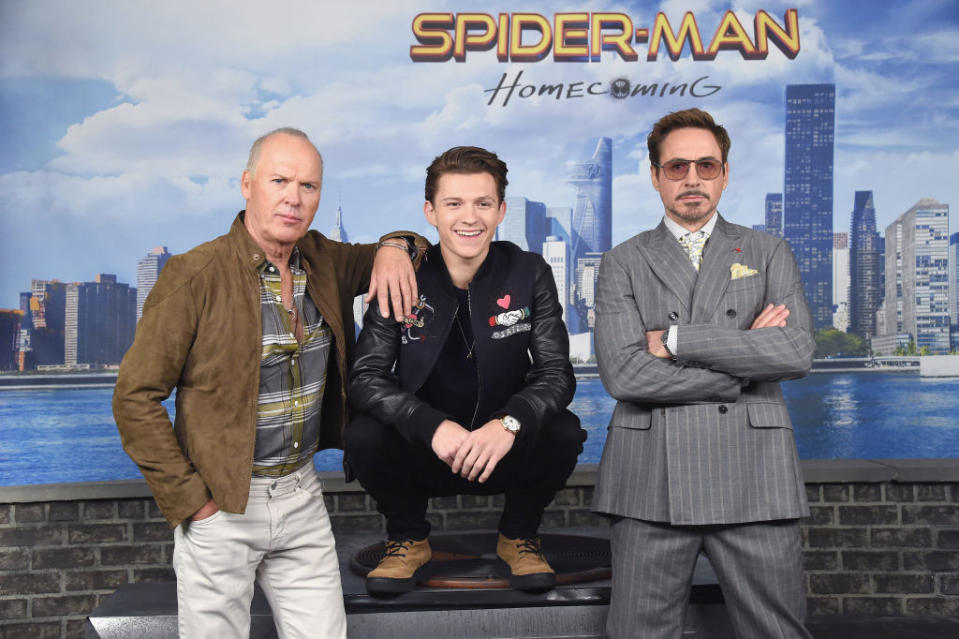 Michael Keaton, Tom Holland, and Robert Downey Jr. at a photo call for Spider-Man Homecoming in New York.