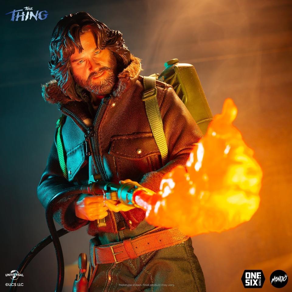 A figure of The Thing's MacReady using a flamethrower from Mondo