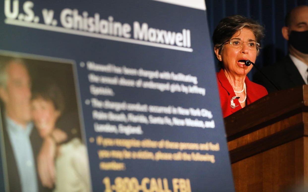 Audrey Strauss, acting US Attorney for the Southern District of New York, speaks to the media at a press conference to announce the arrest of Ghislaine Maxwell - Getty