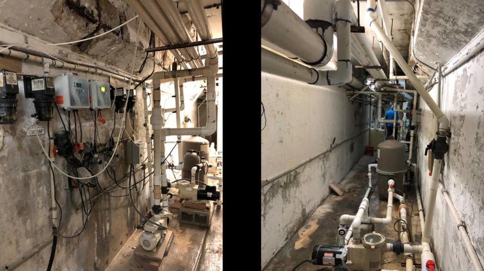 Cracks in concrete, exposed rebar and wet floor in the pool equipment room of Champlain Towers South, in photos taken just 36 hours before the building collapsed.
