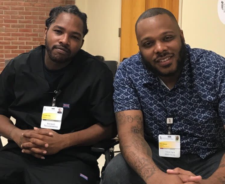 T.J. King, left, and Che Bullock at the Prince George's Hospital Center. Bullock helped recruit King into the&nbsp;Capital Region Violence Intervention Program after King was shot in 2017. (Photo: Che Bullock)