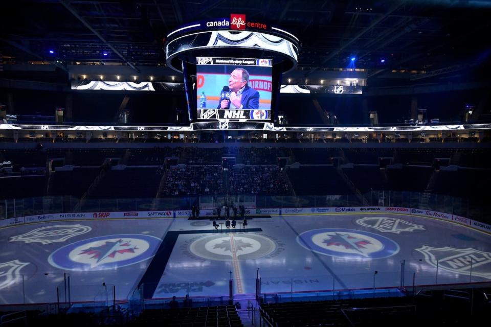 NHL Commissioner Gary Bettman speaks to season ticket holders prior to the Winnipeg Jets and St. Louis Blues NHL game in Winnipeg on Tuesday, Feb. 27, 2024. 