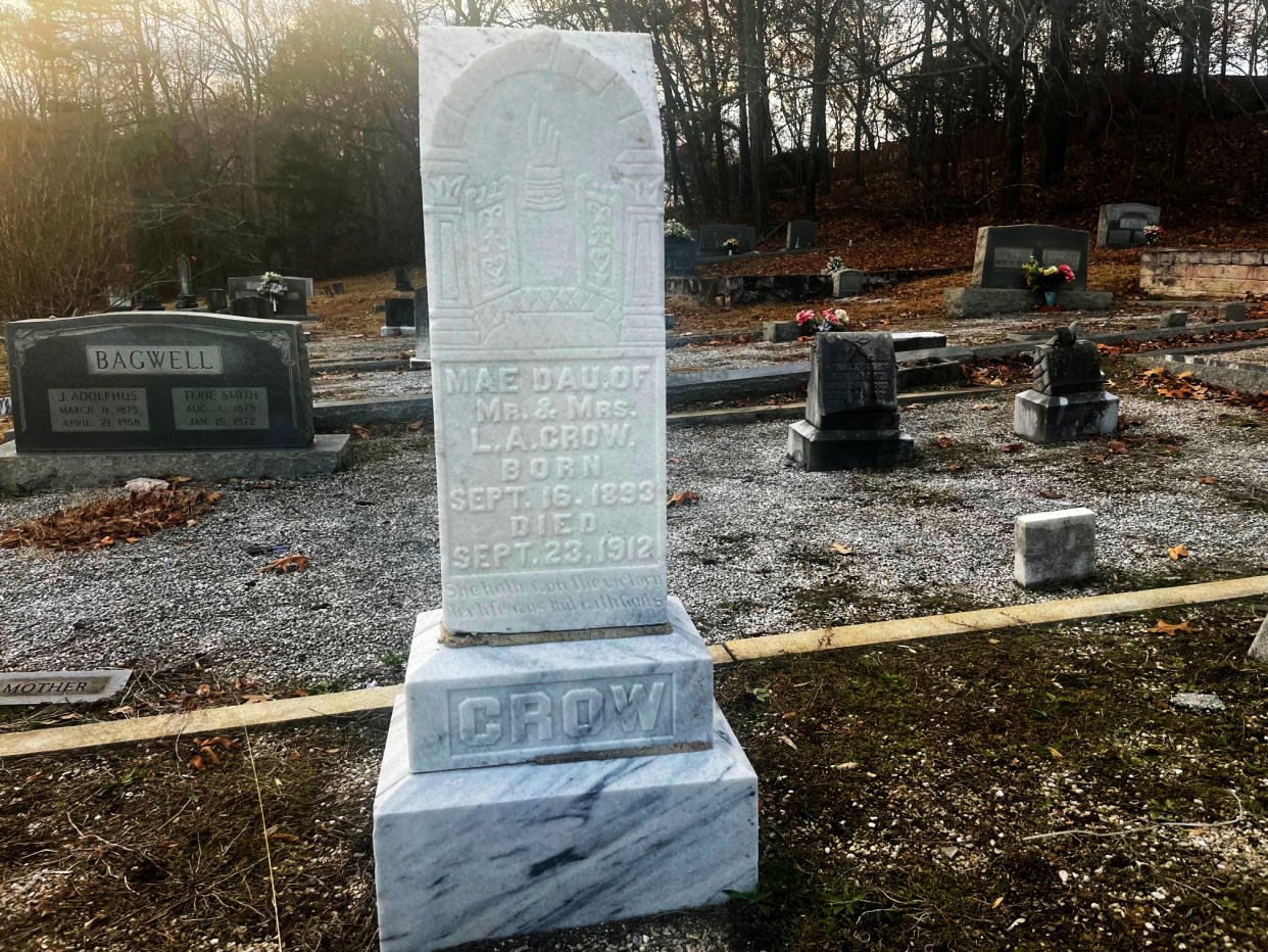 The tombstone of Mae Crow in Pleasant Grove Cemetery in Forsyth County, Ga. 