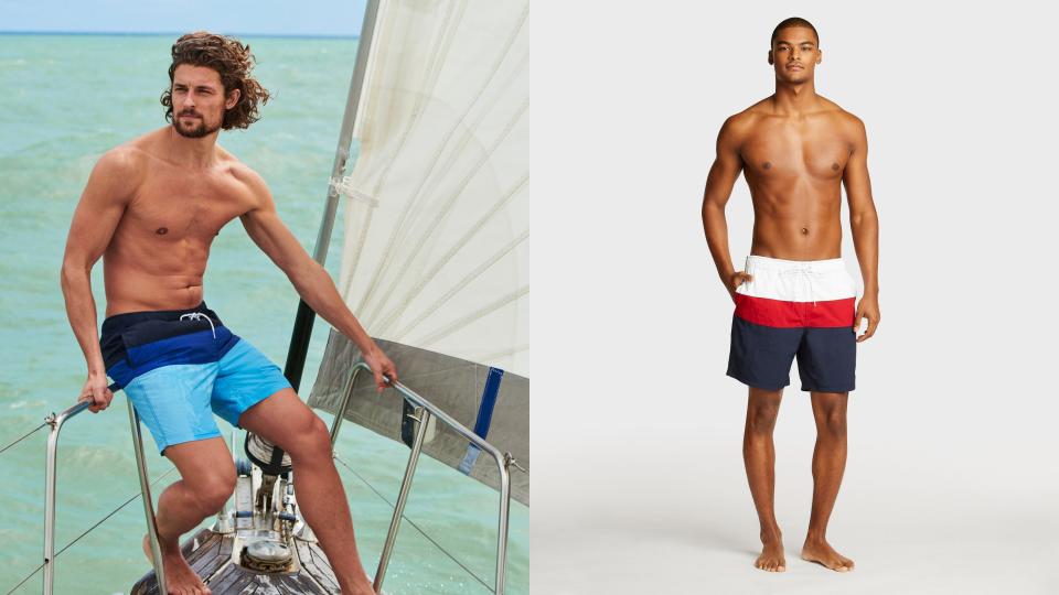 Bright swim trunks are made for the sea.
