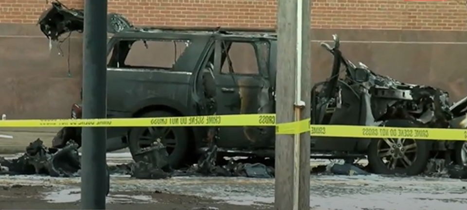 The Ford SUV was left with almost just its’ skeleton after gas cannisters fuelled its huge fire (WHAM)