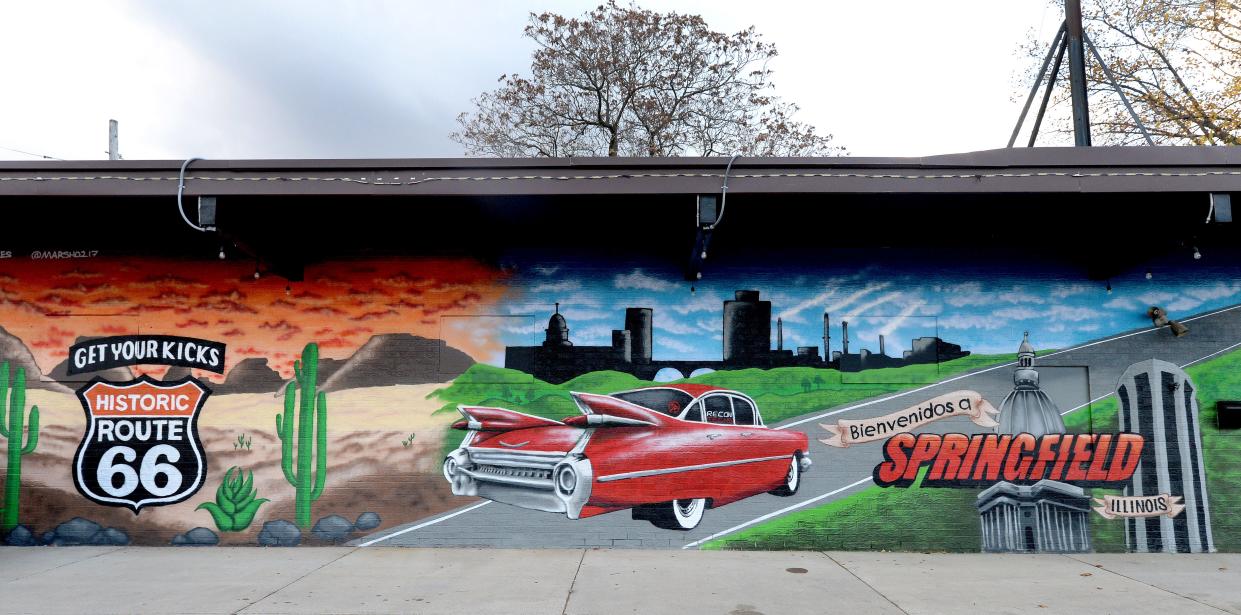 The owners of Lil Fiesta Mexican restaurant is leaning into the Route 66 history with a mural that looks like a red fin-tailed Cadillac is cruising right from the parking lot onto the exterior walls of the building. The restaurant opens Friday.