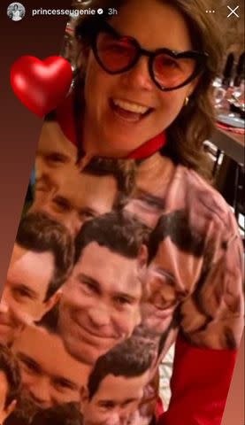 <p>Princess Eugenie/Instagram</p> Princess Eugenie wears a shirt featuring husband Jack Brooksbank in an Instagram photo shared on Feb. 14, 2024