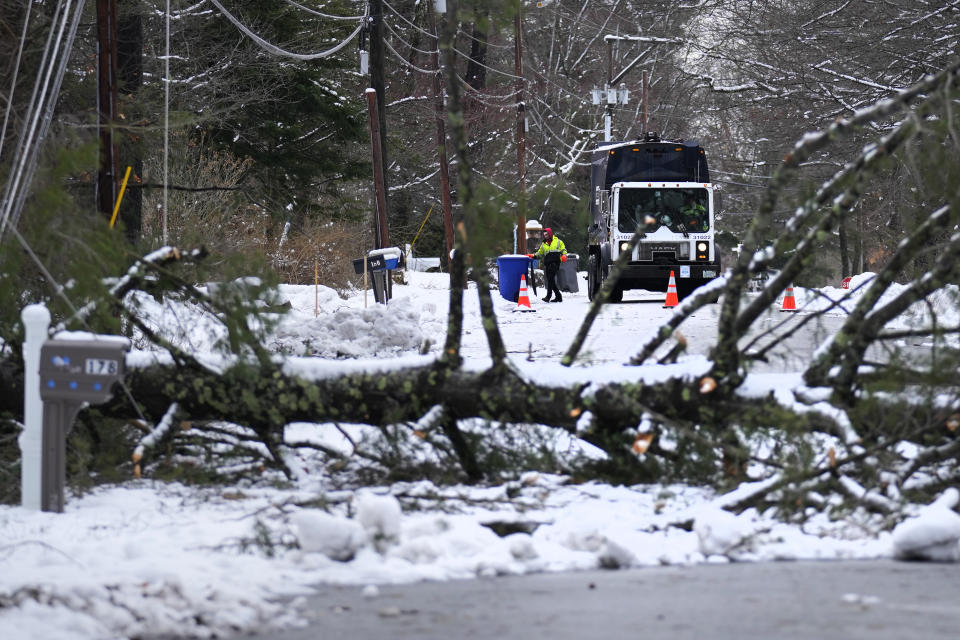 A sanitation worker collects trash at the last customer before a downed tree blocking the road, Friday, April 5, 2024, in Derry, N.H. Many New Englanders are cleaning up following a major spring storm on Thursday that brought heavy snow, rain and high winds to the Northeast. Hundreds of thousands of homes and businesses are still without power in Maine and New Hampshire. (AP Photo/Charles Krupa)