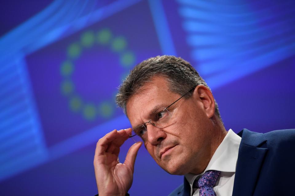 Vice-President of the European Commission in charge of Inter-institutional relations and Foresight, Maros Sefcovic, speaks during a media conference after the third meeting of the EU-UK Joint Committee at EU headquarters in Brussels, Monday, Sept. 28, 2020. Britain entered a crucial week of talks with the EU by immediately snubbing the EU's demand that London must fully respect the legal agreement it signed on its departure from the bloc. The EU told Prime Minister Boris Johnson to brace for a legal fight. (John Thys, Pool via AP)