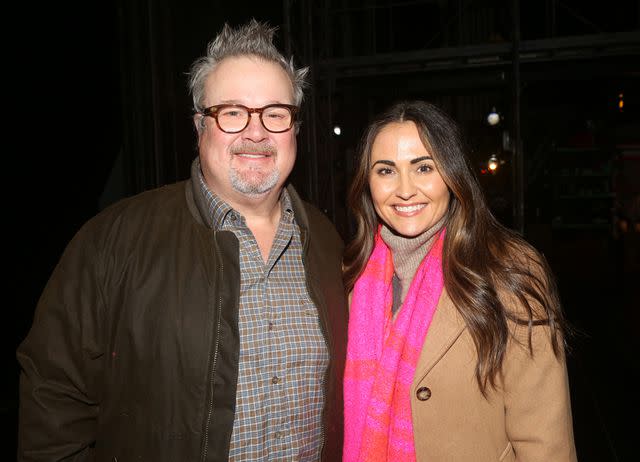 <p>Bruce Glikas/WireImage</p> Eric Stonestreet and Lindsay Schweitzer pose backstage at the musical "Almost Famous" on Broadway based on the 2000 film at The Jacobs Theatre on November 30, 2022 in New York City.