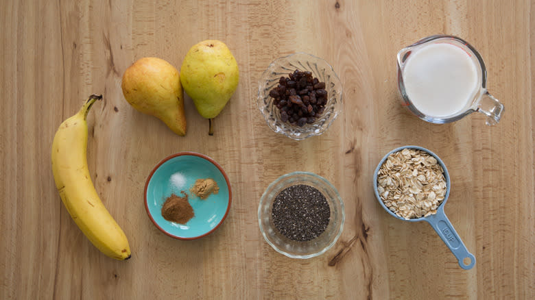 overnight oats ingredients on wood table 