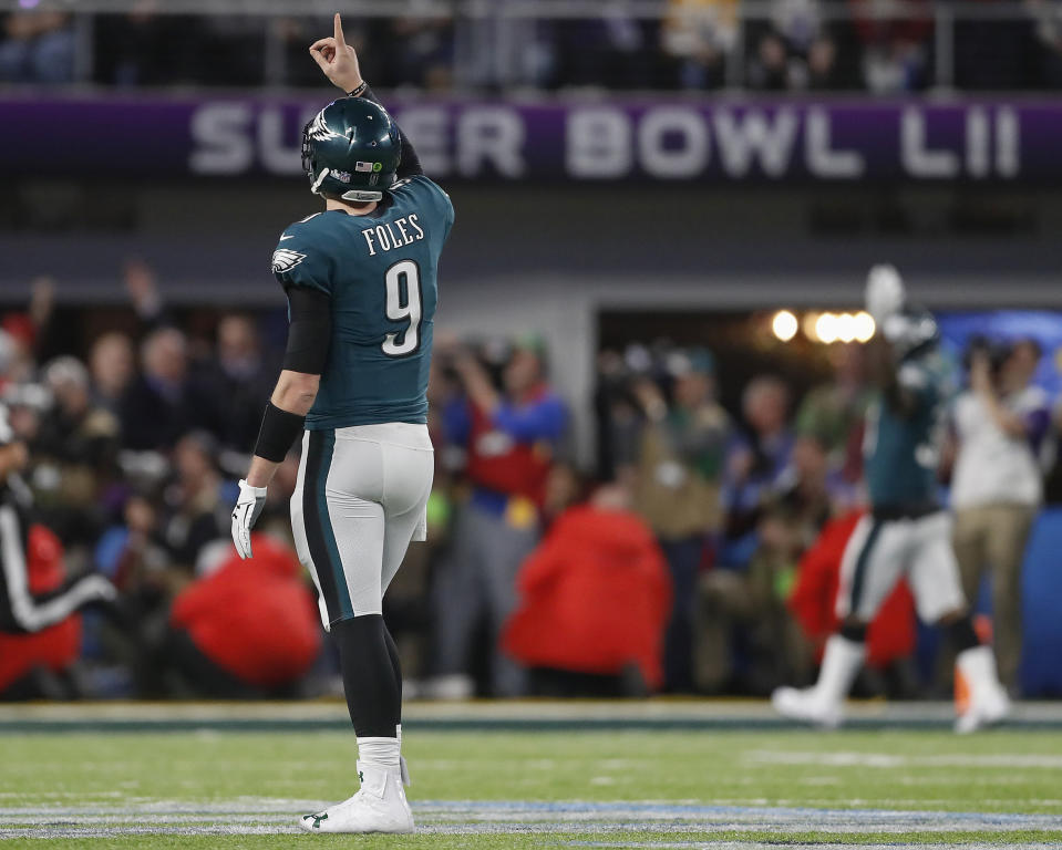 <p>Philadelphia Eagles quarterback Nick Foles celebrates a touchdown pass to Zach Ertz during the second half of the NFL Super Bowl 52 football game against the New England Patriots Sunday, Feb. 4, 2018, in Minneapolis. (AP Photo/Jeff Roberson) </p>