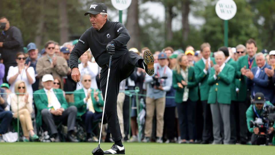 Player toasts his tee shot with his trademark celebration. - Jamie Squire/Getty Images