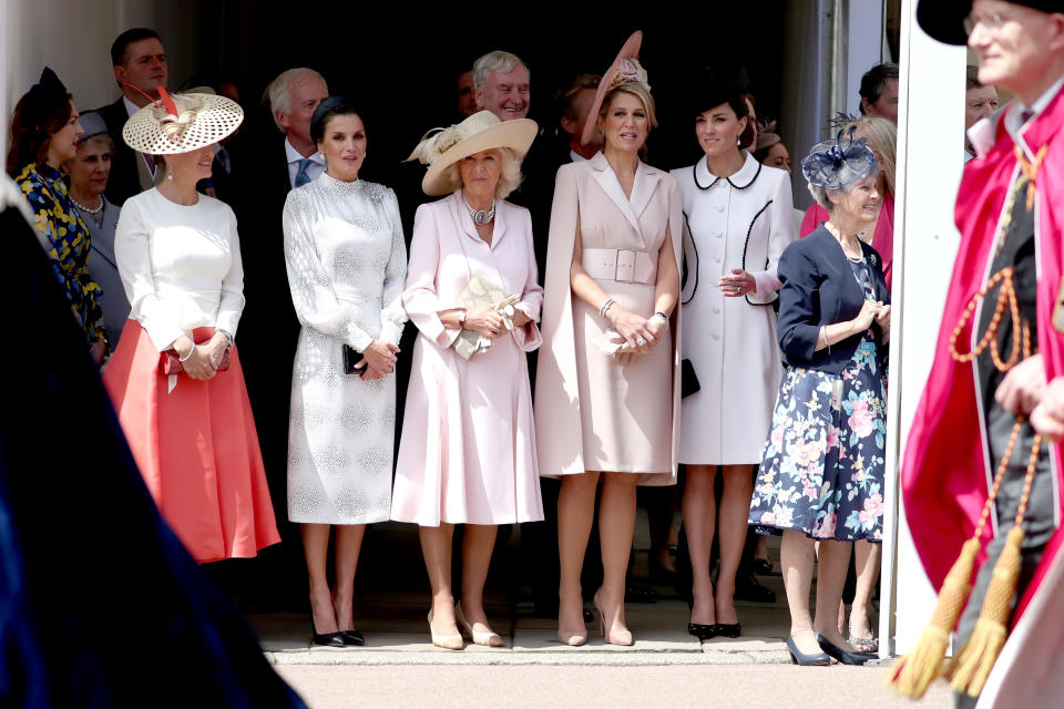 (left to right) Sophie Countess of Wessex, Queen Letizia of Spain, the Duchess of Cornwall, Queen Maxima of the Netherlands and the Duchess of Cambridge, stand together as they watch the annual Order of the Garter Service at St George's Chapel, Windsor Castle.