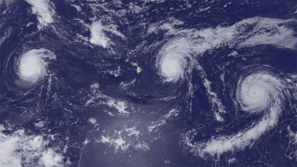 Here's a photo showing Hurricanes Kilo, Ignacio, and Jimena from left to right. Photo: NOAA