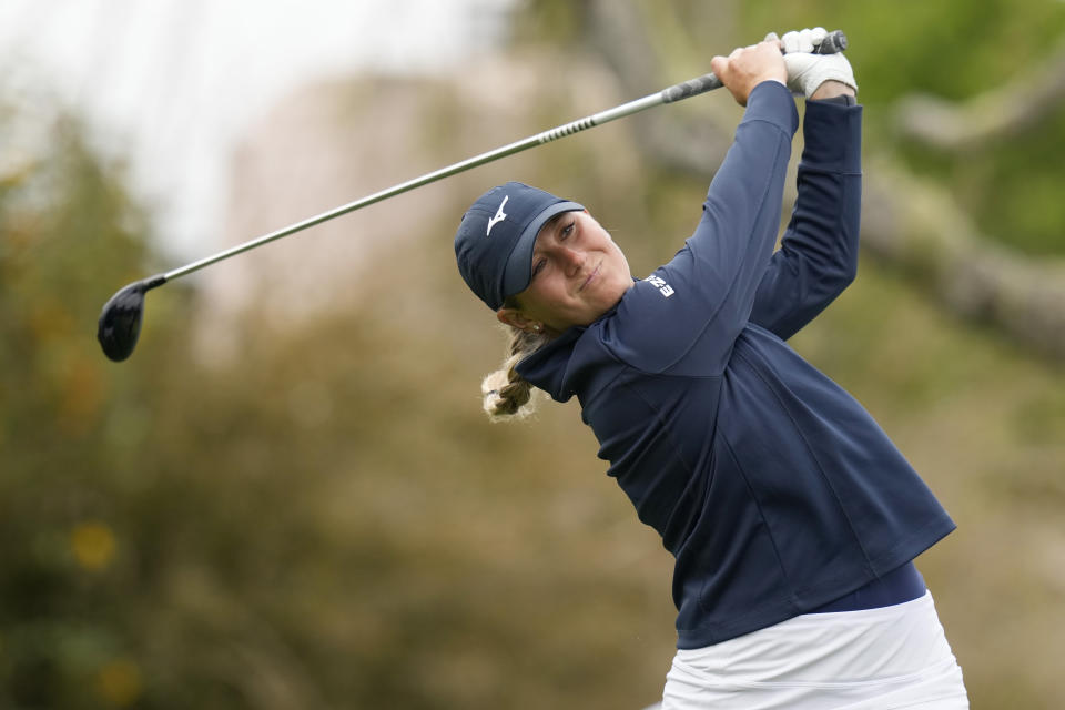 Bailey Tardy hits from the 15th tee during the second round of the U.S. Women's Open golf tournament at the Pebble Beach Golf Links, Friday, July 7, 2023, in Pebble Beach, Calif. (AP Photo/Godofredo A. Vásquez)