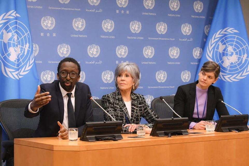 Jane Fonda, centre, attends a press briefing with campaigner and polar adviser at Greenpeace Nordic, Laura Meller, right, and Herve Berville, the secretary of state for the sea for France, at the United Nations in New York last week (Stephanie Keith / Greenpeace)