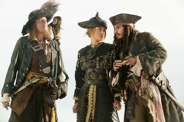 <p>Buena Vista Pictures/courtesy Everett</p> Geoffrey Rush, Keira Knightley, and Johnny Depp in 'Pirates of the Caribbean: At World's End'