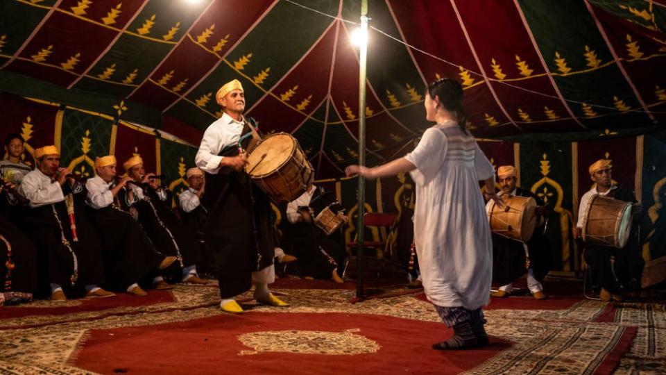 The Master Musicians of Joujouka group performs during the annual Joujouka Musical Festival in northern Morocco's Jajouka village, on May 27, 2024.