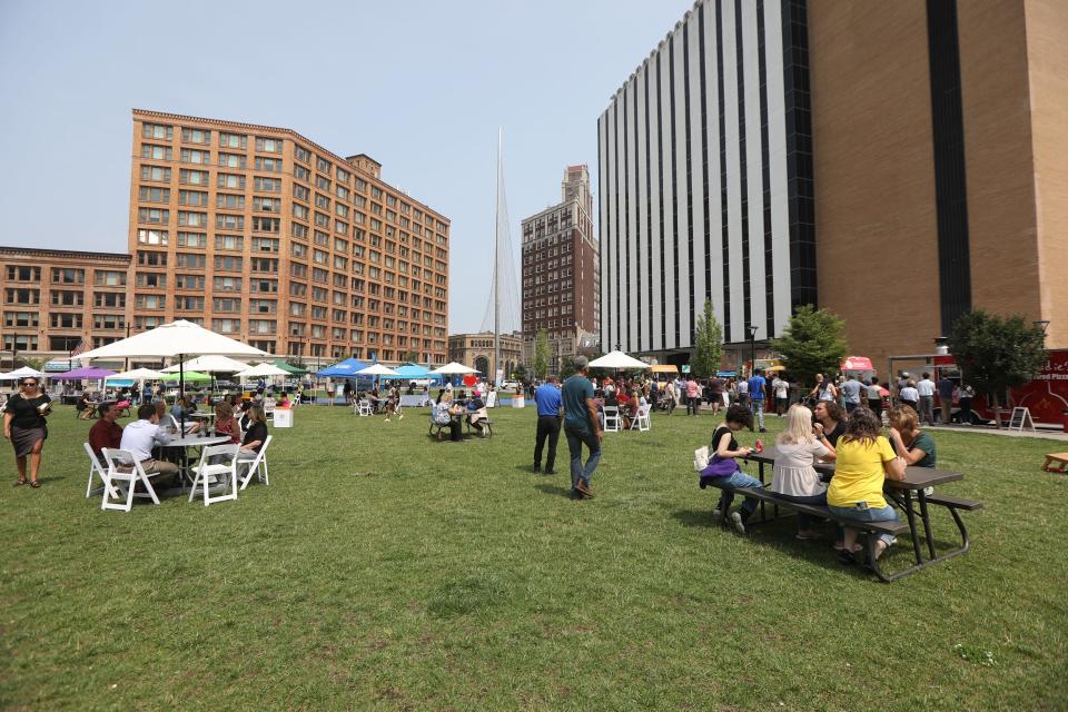Downtown workers and others came out to Parcel 5 for the Midday Bash by the Rochester Downtown Development Corporation. The free event had music, bean toss, food trucks and booths to learn more about area businesses. RDDC's next free event, Play Day on the Riverway, is Saturday, Aug. 5 11 a.m. to 4 p.m. at Rundel Memorial Library' North Terrace.