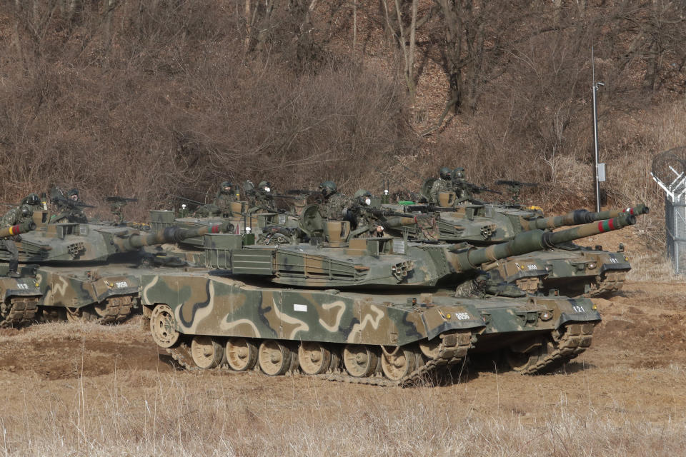 South Korean army's K1A2 tanks take part in a military exercise in Paju, South Korea, near the border with North Korea, Wednesday, March 17, 2021. In North Korea's first comments directed at the Biden administration, Kim Jong Un's powerful sister Kim Yo Jong on Tuesday warned the United States to "refrain from causing a stink" if it wants to "sleep in peace" for the next four years. (AP Photo/Ahn Young-joon)