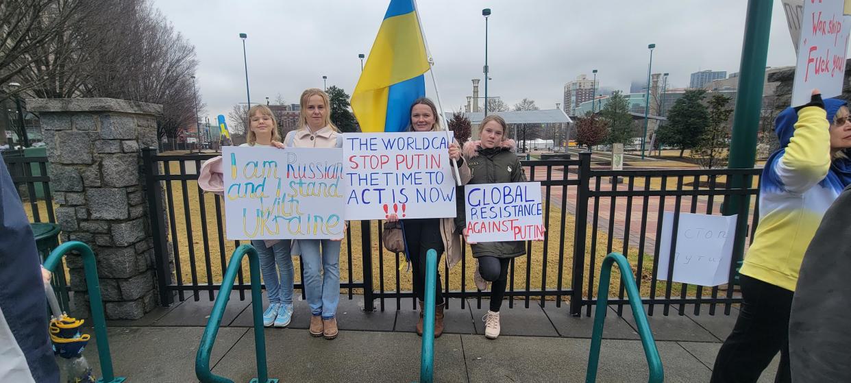 A Russian-led demonstration in support of Ukraine near Centennial Olympic Park in Atlanta, Georgia on February 27, 2022. / Credit: Courtesy of Julia Krotova