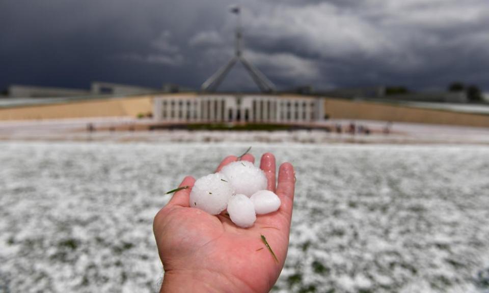 Golf ball size hail after a severe hail storm at Parliament House in Canberra, 20 January.