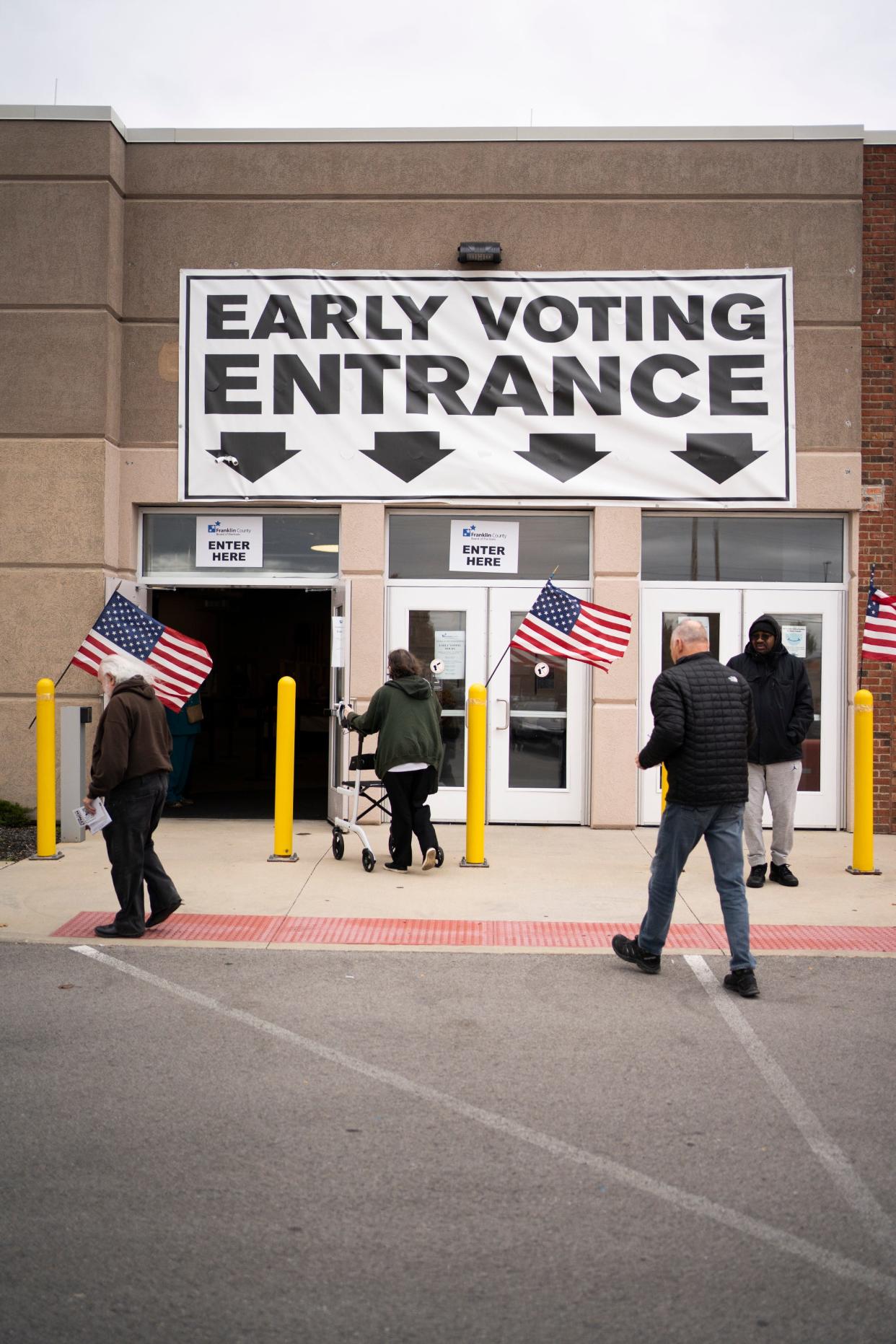 Early voting on Oct. 18 at the Franklin County Board of Elections. Security outside has since been bolstered with barriers to prevent vehicles from going onto the sidewalk.