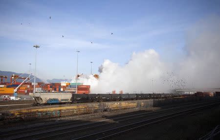 Smoke from a fire rises at the Port Metro Vancouver March 4, 2015. REUTERS/Ben Nelms