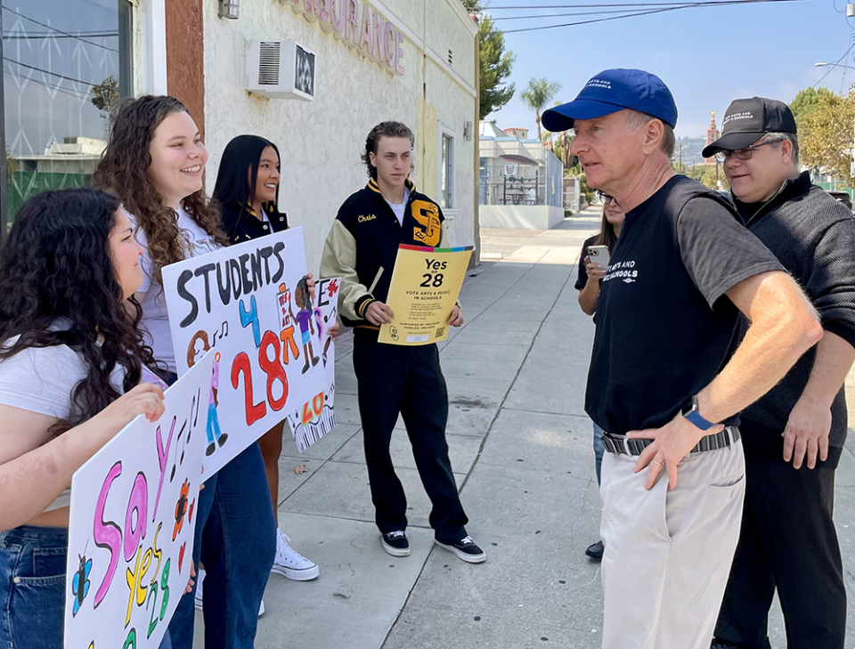 Actor Sean Astin, far right, joined Austin Beutner and students to campaign for Proposition 28. (Linda Jacobson/The 74)