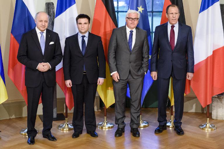 (L-R) French Foreign Minister Laurent Fabius, Ukrainian Foreign Minister Pavlo Klimkin, German Foreign Minister Frank-Walter Steinmeier and Russian Foreign Minister Sergei Lavrov in Berlin on April 13, 2015