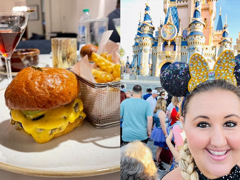 burger from steakhouse 71, carly posign with the disney world castle, and inside the guardians of the galaxy ride at epcot