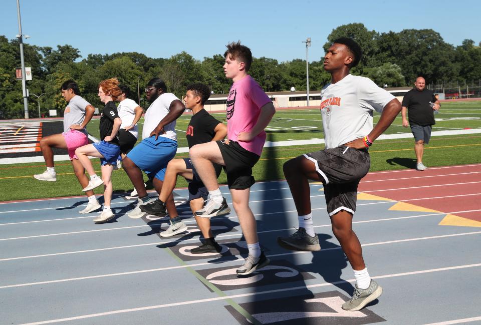 White Plains student athletes work on speed training on the track at White Plains High School Aug. 3, 2022. White Plains High School is running a unique summer program where kids can attend up to 3x a week and receive weight and speed training, as well as SAT/ACT prep