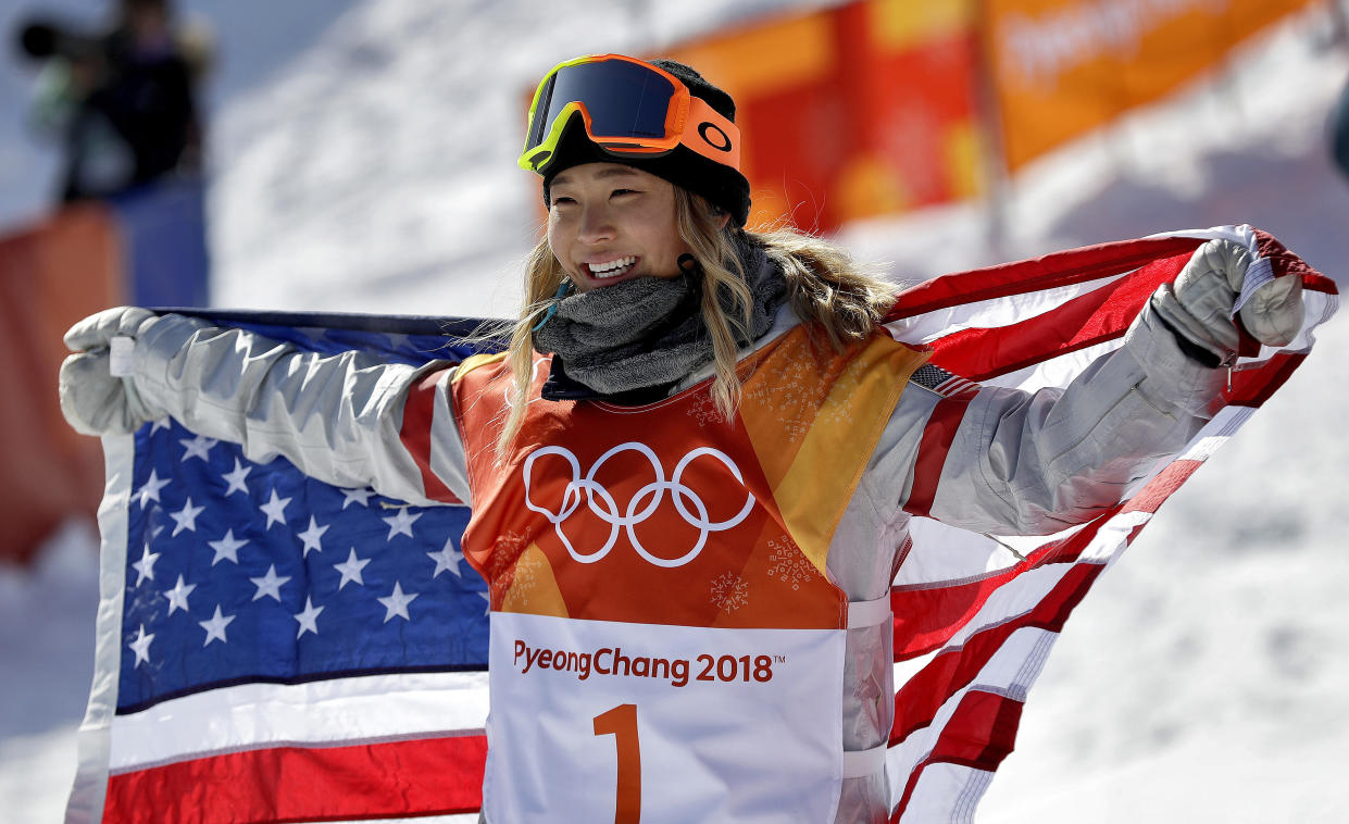 In this Feb. 13, 2018, file photo, Chloe Kim, of the United States, celebrates winning gold after the women’s halfpipe finals at Phoenix Snow Park at the 2018 Winter Olympics in Pyeongchang, South Korea. (AP Photo/Gregory Bull, File)