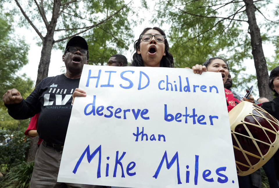 Houston Independent School District student Elizabeth Rodriguez leads community members to march and protest against the state takeover of Houston's public school district before the first Board of Managers meeting Thursday, June 8, 2023, at Hattie Mae White Educational Support Center in Houston. (Yi-Chin Lee/Houston Chronicle via AP)