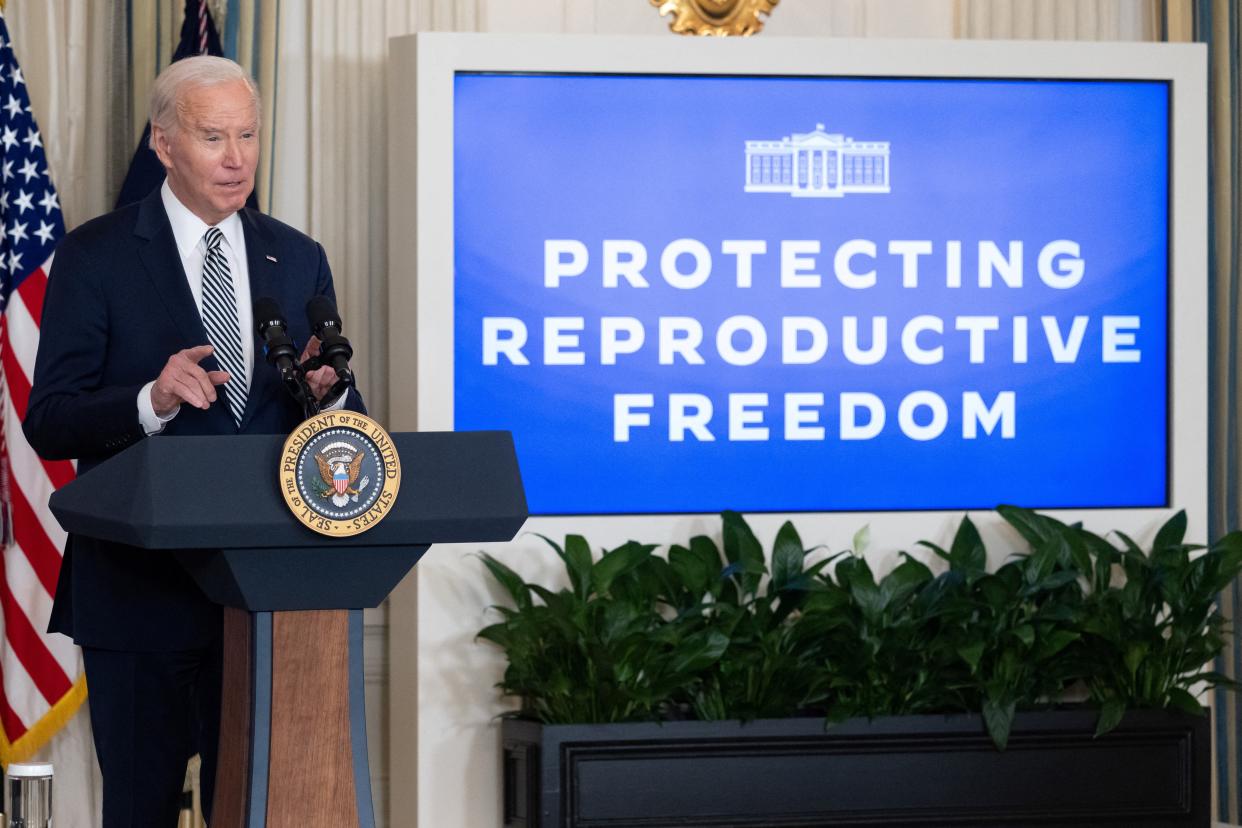 President Joe Biden speaks during a meeting of his Task Force on Reproductive Healthcare Access to mark the 51st anniversary of the landmark Roe v. Wade decision in Washington, DC, on January 22, 2024.