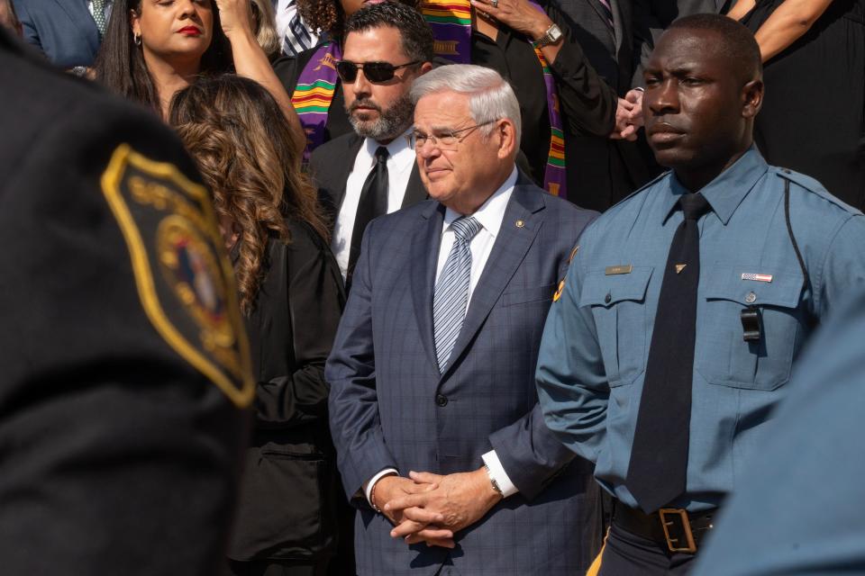 New Jersey US Senator Bob Menendez awaits the casket of Lt. Gov. Shelia Oliver, where she will lie in state at the Essex County Historic Courthouse in Newark, NJ on Friday Aug. 11, 2023.