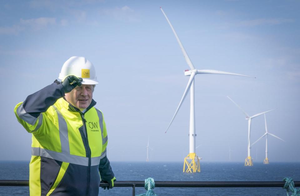 Mr Johnson onboard the Esvagt Alba during a visit to the Moray Offshore Windfarm East, off the Aberdeenshire coast (Jane Barlow/PA) (PA Archive)