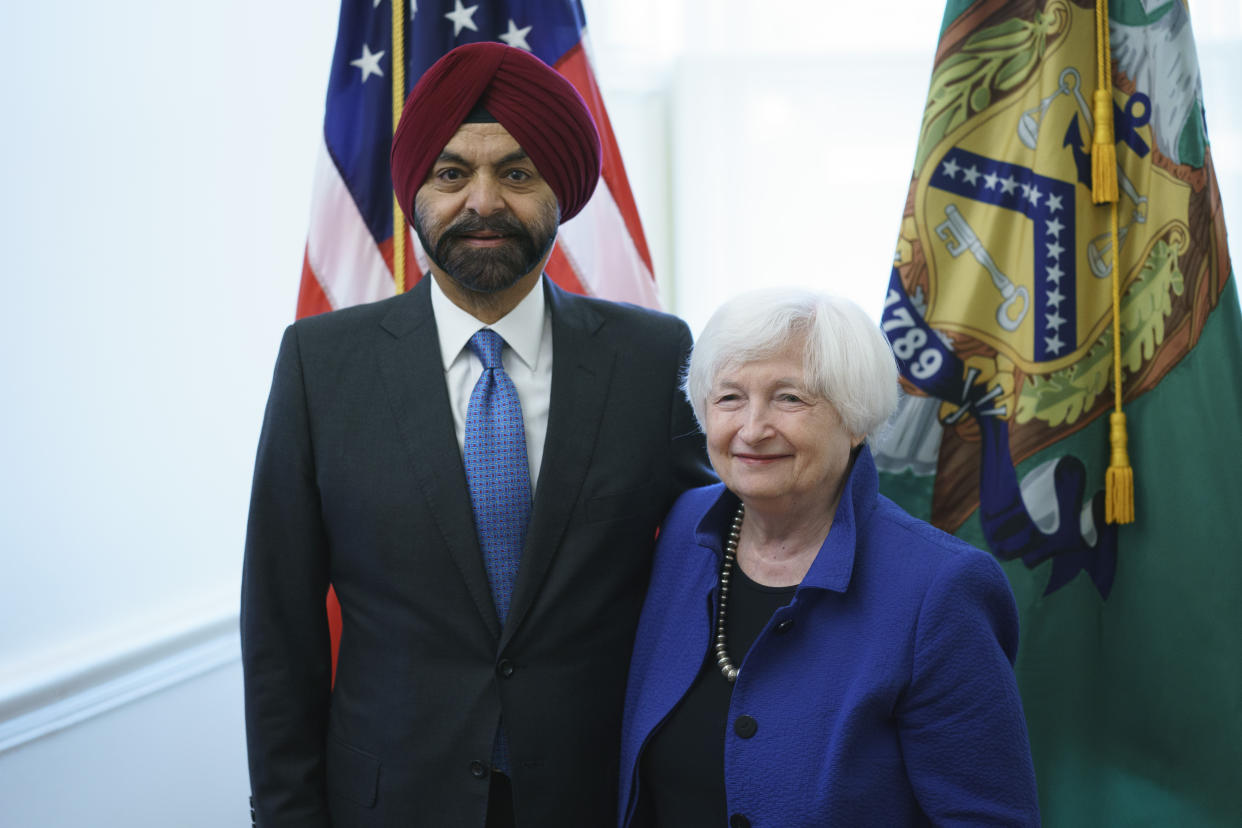 Treasury Secretary Janet Yellen meets with World Bank President Ajay Banga at the Treasury Department, Thursday, June 1, 2023, in Washington. (AP Photo/Evan Vucci)
