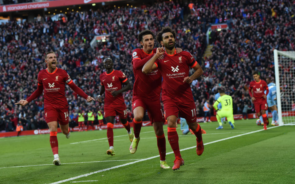 Seen here, Mohamed Salah celebrates his goal in Liverpool's 2-2 draw with Manchester City.