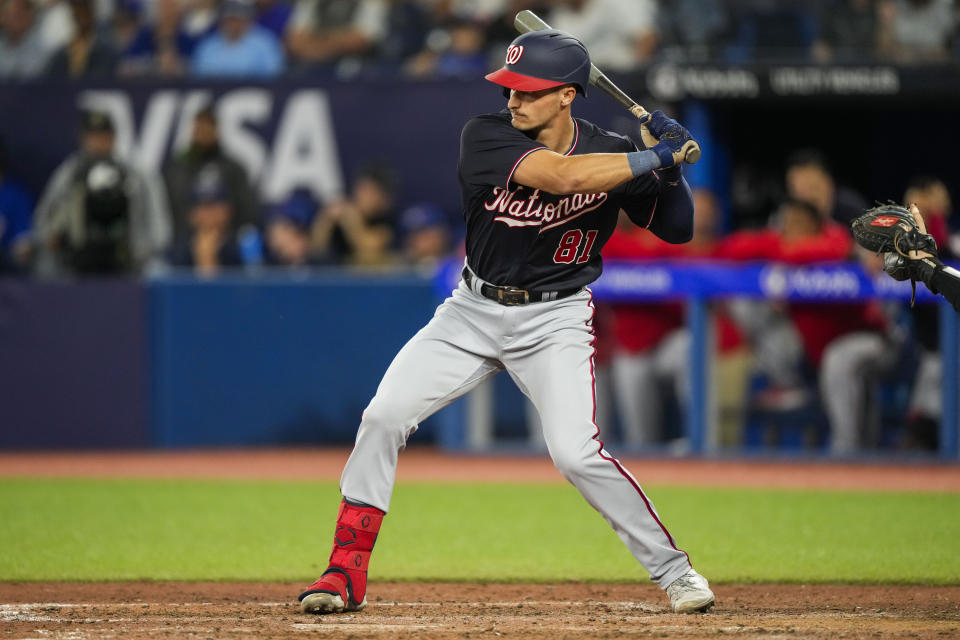 Washington Nationals' Drew Millas takes his first MLB at-bat during ninth-inning baseball game action against the Toronto Blue Jays in Toronto, Monday, Aug. 28, 2023. (Andrew Lahodynskyj/The Canadian Press via AP)