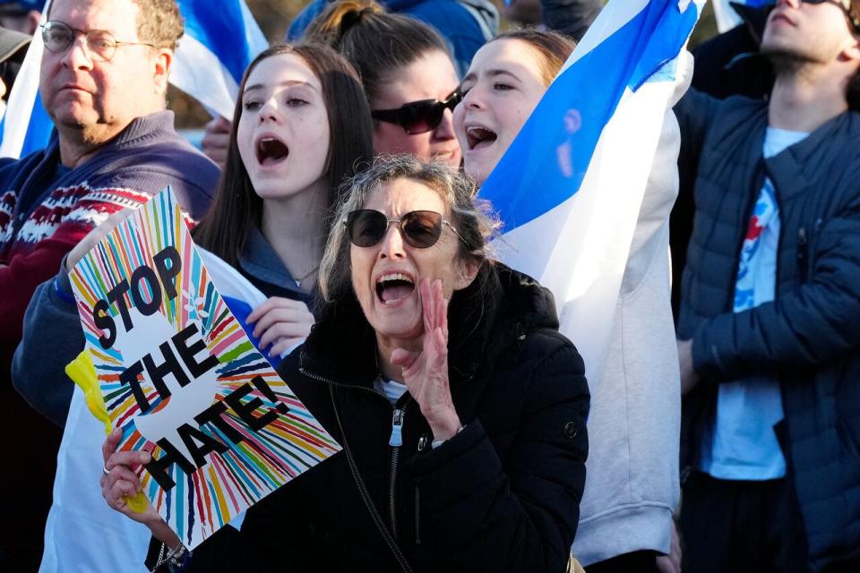 Pro-Israel protesters shout during a demonstration in front of a synagogue hosting "the Great Israeli Real Estate Event," in Thornhill, Ont., Thursday, March 7, 2024. THE CANADIAN PRESS/Frank Gunn