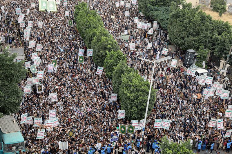 FILE PHOTO: People demonstrate against the desecration of the Koran in Denmark, in Sanaa