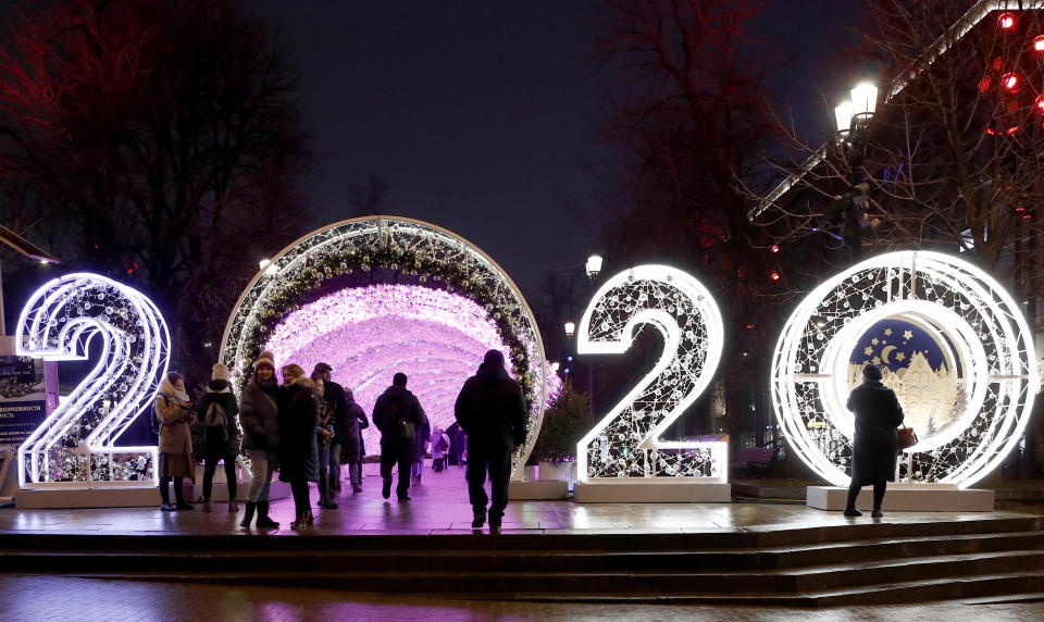 MOSCOW, RUSSIA  DECEMBER 15, 2019: A sign 2020 made of festive lights in Tverskoy Boulevard ahead of the holiday season. Artyom Geodakyan/TASS (Photo by Artyom Geodakyan\TASS via Getty Images)