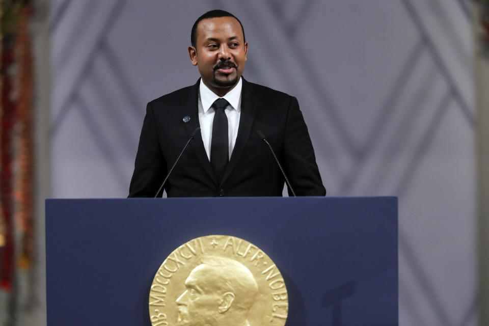 Ethiopia's Prime Minister Abiy Ahmed makes a speech during the Nobel Peace Prize award ceremony in Oslo City Hall, Norway, Tuesday Dec. 10, 2019. (Stian Lysberg Solum/NTB Scanpix via AP)