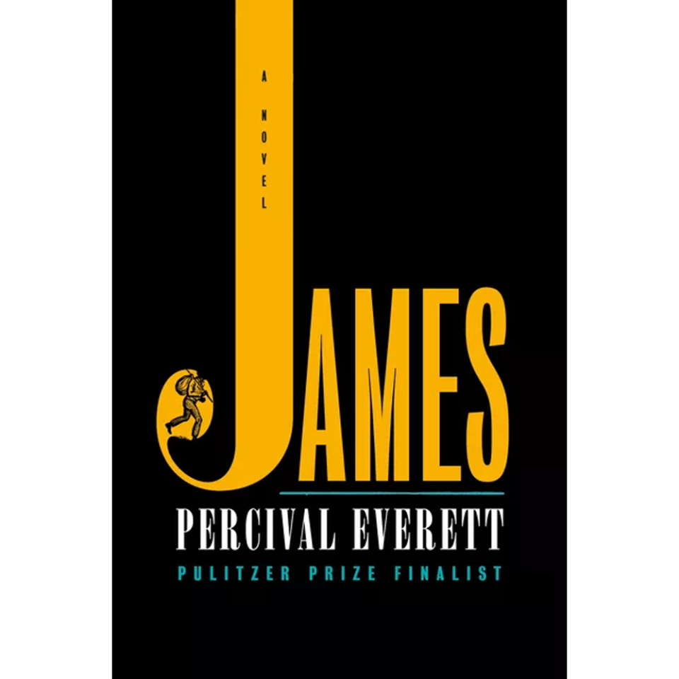 The cover of the book is black and "James" is written in yellow with an oversize J and in the curve of the J is an illustration of a man walking and carrying a bindle.