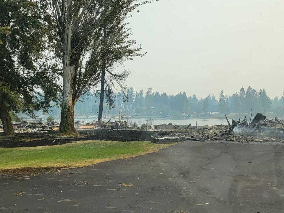 Burned debris in front of a lake shoreline.